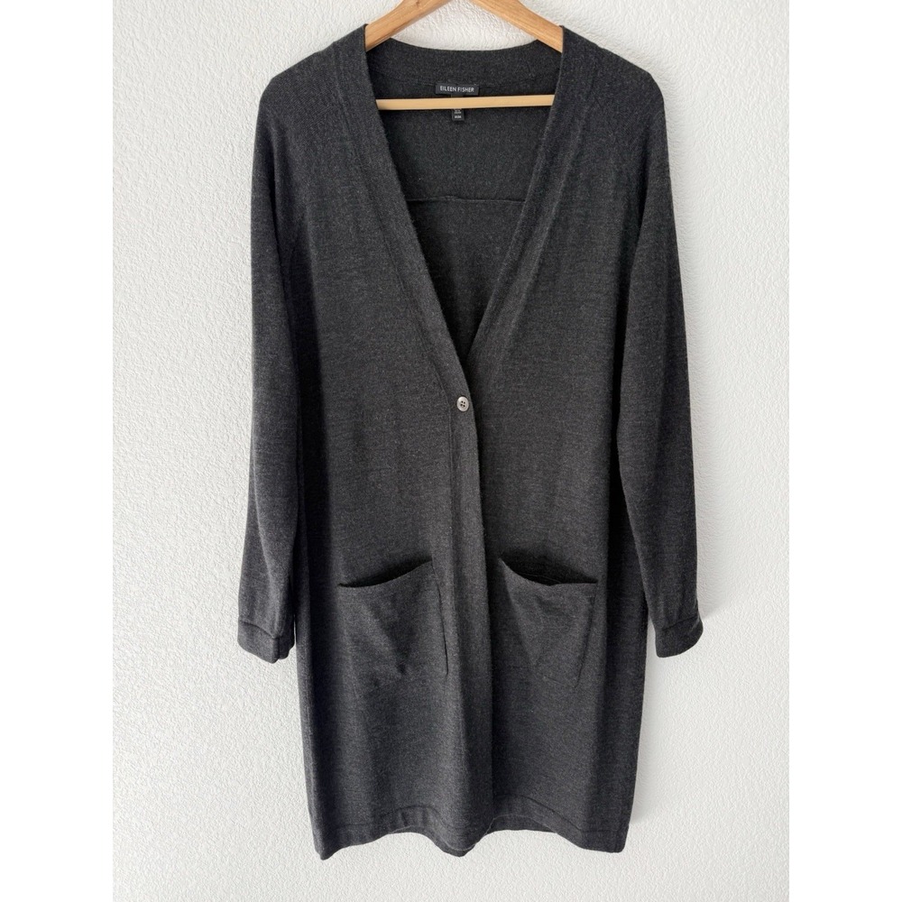 Eileen Fisher 100% Merino Wool One Button Long Cardigan Sweater Medium Grey